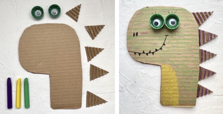 Easy cardboard dinosaur craft made with cheap supplies you already have at home.