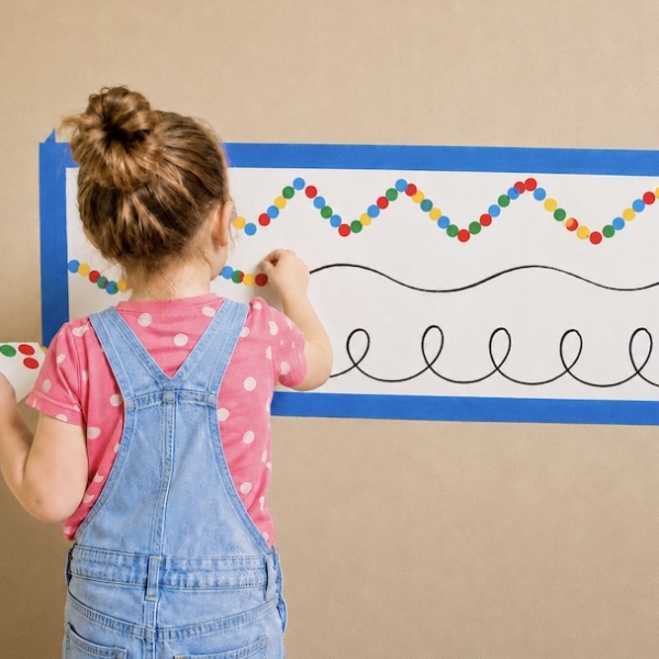 Fine motor skills and learning activity for toddlers using dot stickers and butcher paper.