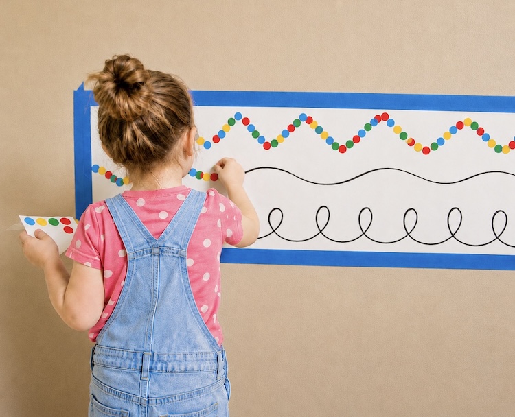 Fine motor skills and learning activity for toddlers using dot stickers and butcher paper. 