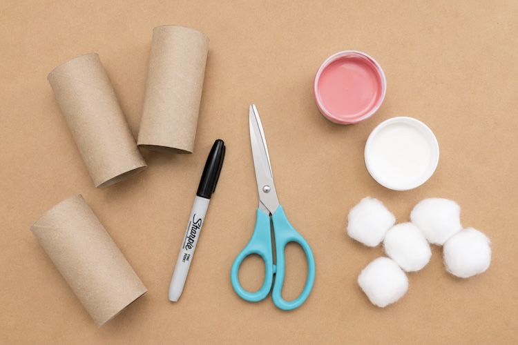List of toilet paper roll bunny craft supplies: tp roll tubes, a permanent marker, scissors, cotton balls, and paint.