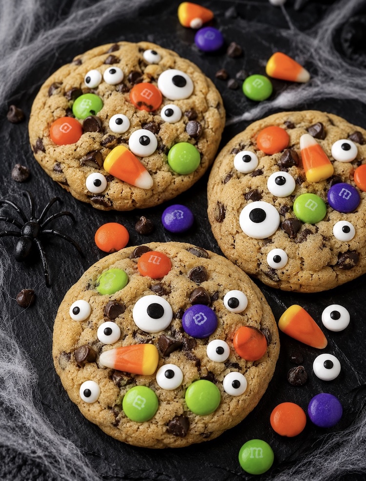 Easily make Monster Cookies for Halloween with store bought cookie dough, M&Ms, and candy eye balls.