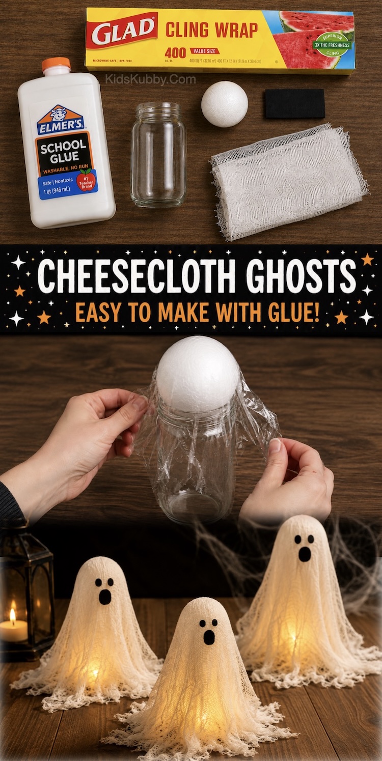 This easy cheesecloth ghost craft is simple to make for kids and adults, and also makes for spooky DIY Halloween decor. The supplies are cheap and simple, made with just gauze cheesecloth, Elmers glue, and felt to make the cute ghost face.