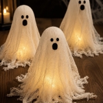 Easy Halloween Craft Idea. How to make gauze cheesecloth ghosts with glue! A cheap and simple craft and DIY home decor idea for Halloween. Use a flameless tea light to make them glow at night.