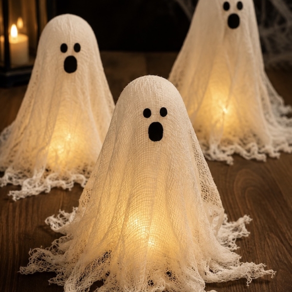 Easy Halloween Craft Idea. How to make gauze cheesecloth ghosts with glue! A cheap and simple craft and DIY home decor idea for Halloween. Use a flameless tea light to make them glow at night.