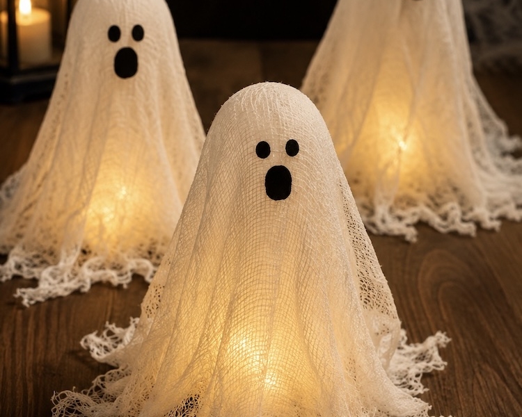 Easy Halloween Craft Idea. How to make gauze cheesecloth ghosts with glue! A cheap and simple craft and DIY home decor idea for Halloween. Use a flameless tea light to make them glow at night.