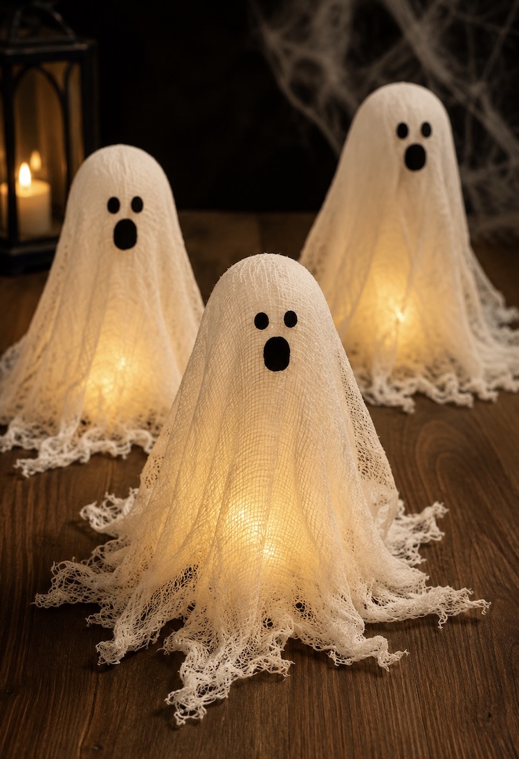 Easy Halloween Craft Idea. How to make gauze cheesecloth ghosts with glue! A cheap and simple craft and DIY home decor idea for Halloween. Use a flameless tea light to make them glow at night.