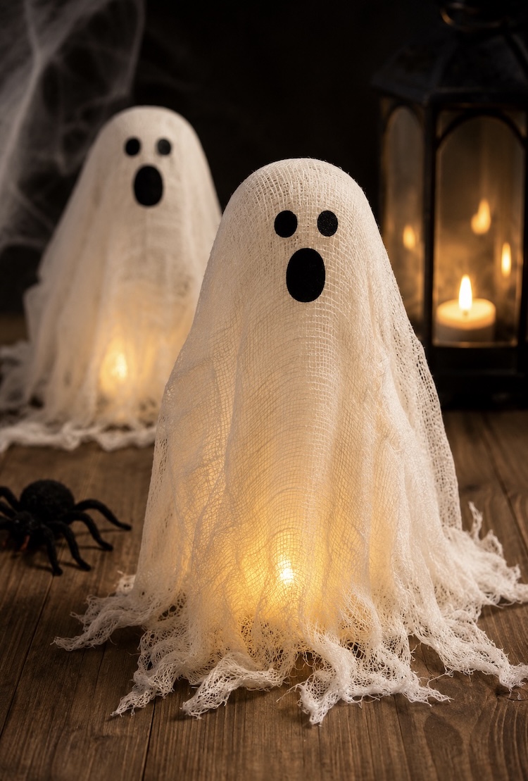 Easy ghost Halloween craft and DIY spooky home decor. How to make cheesecloth ghosts with tea lights for awesome Halloween decorations.
