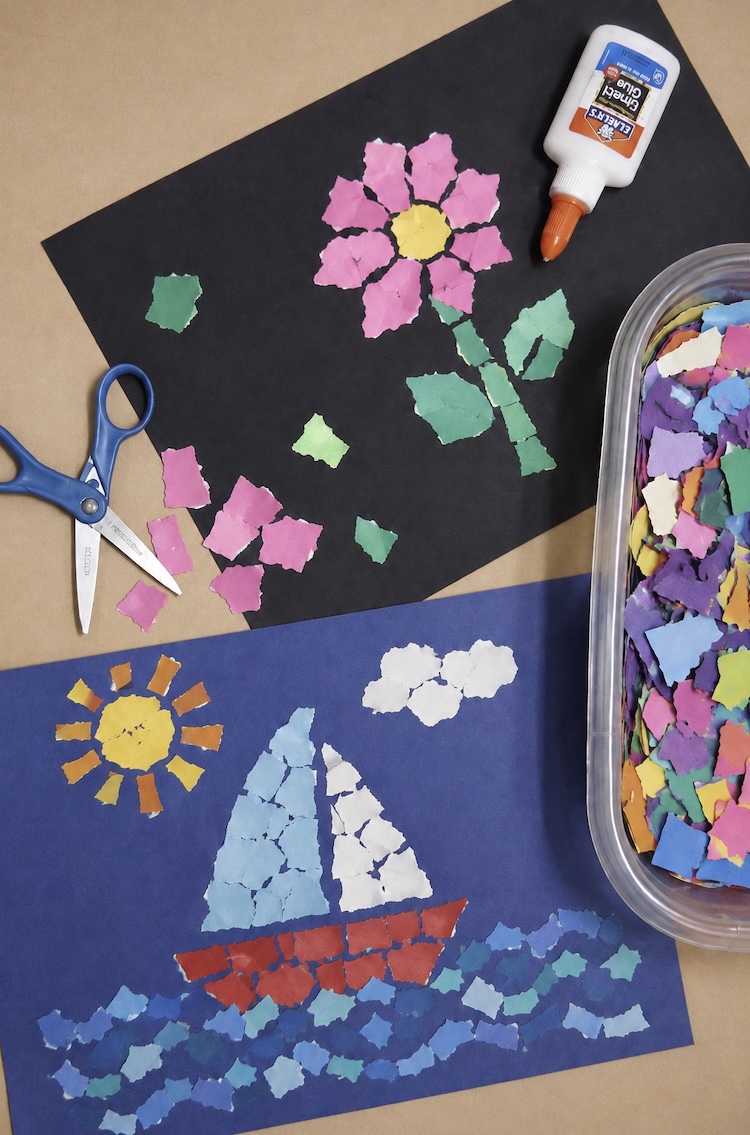 How to make fun and impressive art projects with torn of cut pieces of construction paper and glue. A simple and low mess art activity for kids of all ages including preschoolers and older kids.