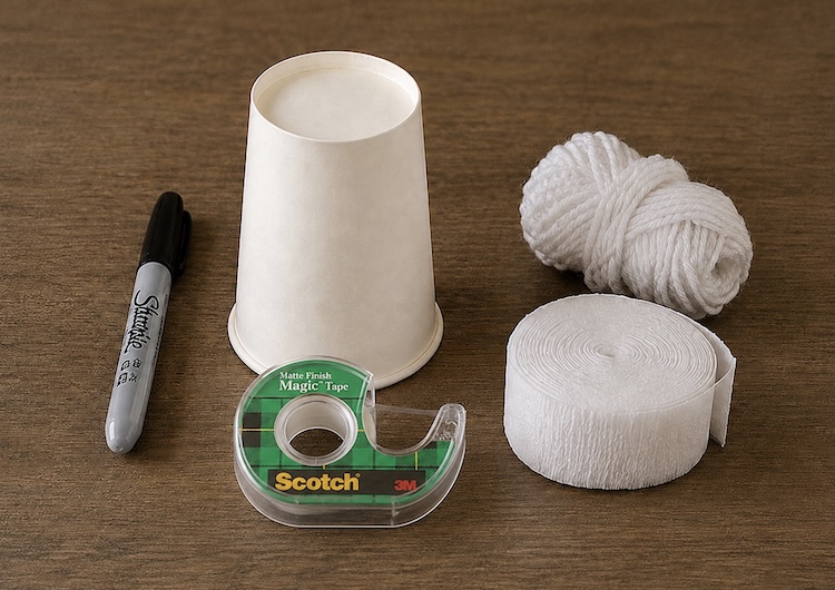 Craft supplies for make paper cup flying ghosts: white paper cups, streamers, a marker, tape, and string or yarn.