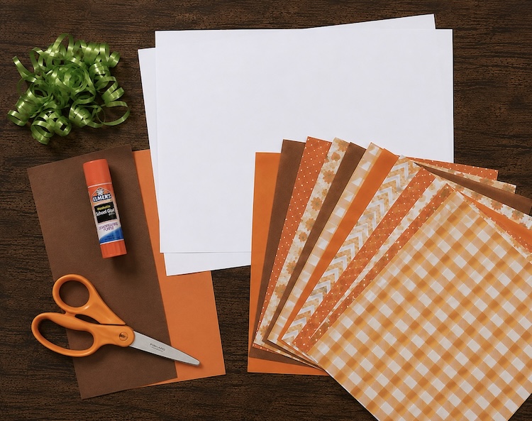 Paper, scissors, a glue stick, and green curling ribbon ready to make paper strip pumpkins for fall.