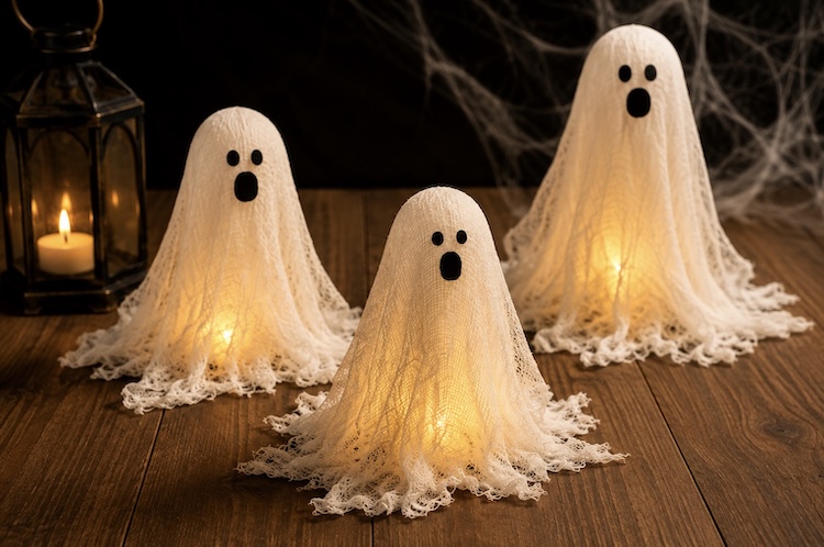How to make easy cheesecloth ghosts Halloween decor with glue! These DIY luminaries look magical at night with a battery operated tea light.