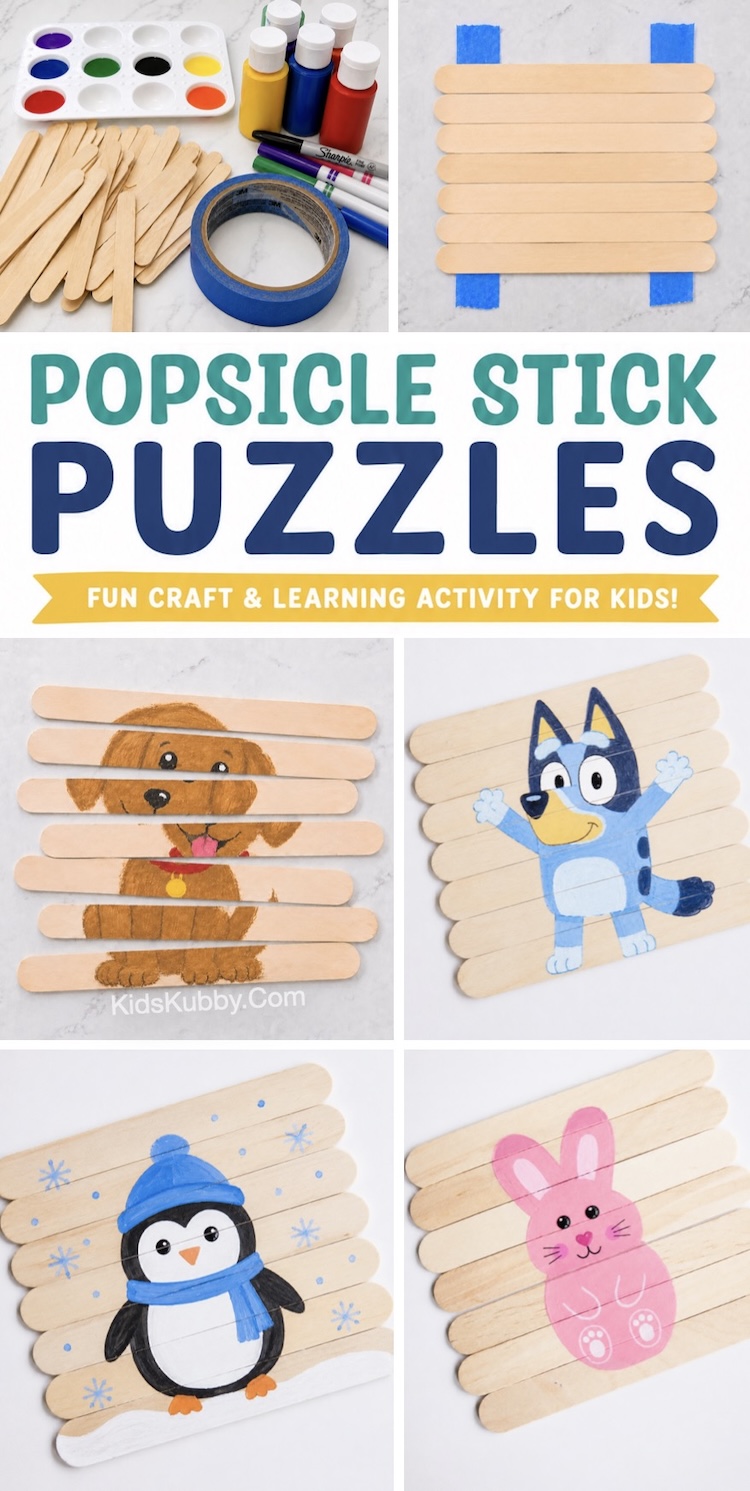 Craft time and learning through play! Learn how to make DIY popsicle stick puzzles for your toddlers and preschoolers using cheap and simple supplies. A full tutorial and lots of ideas included for every season. 