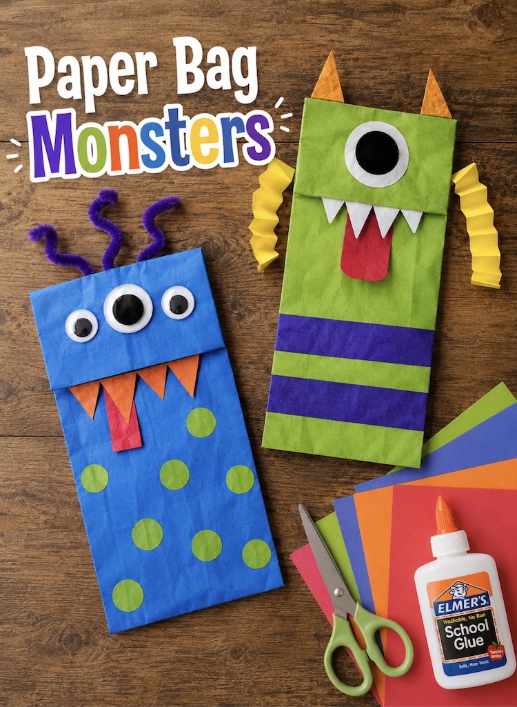 Halloween Craft Tutorial: How to make colorful paper bag monsters with goofy teeth, hair, and tongues. A fun and easy recycled Halloween craft for kids to make at home.