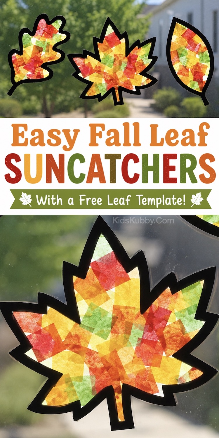 If you're looking for easy fall craft ideas, these DIY Leaf Suncatchers are super easy to make with simple and cheap supplies including contact paper and tissue paper. There is also a free printable maple leaf template included.