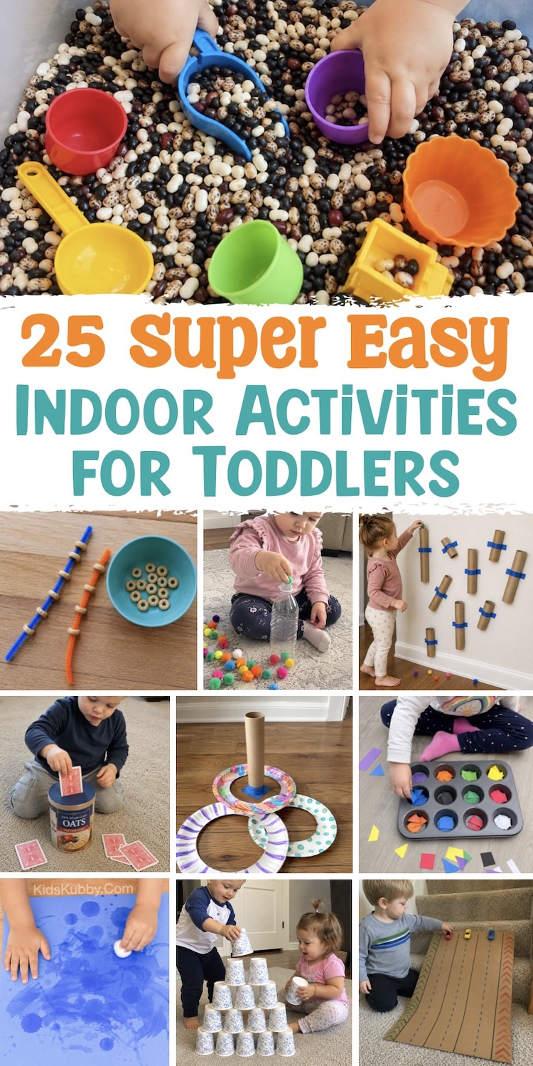Looking for ways to keep your busy toddlers entertained? Try this list of fun, easy, and cheap indoor activities to try at home! These rainy day activities are perfect for 2 and 3 year olds as well as babies under 2. So simple yet engaging with learning opportunities using supplies you already have at home.