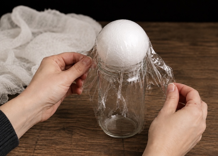 Step One: making the ghost form with a jar and styrofoam ball.