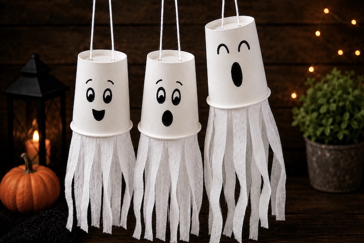 Simple, cheap Halloween craft for kids. How to make paper cup flying ghosts with disposable cups and crepe paper.
