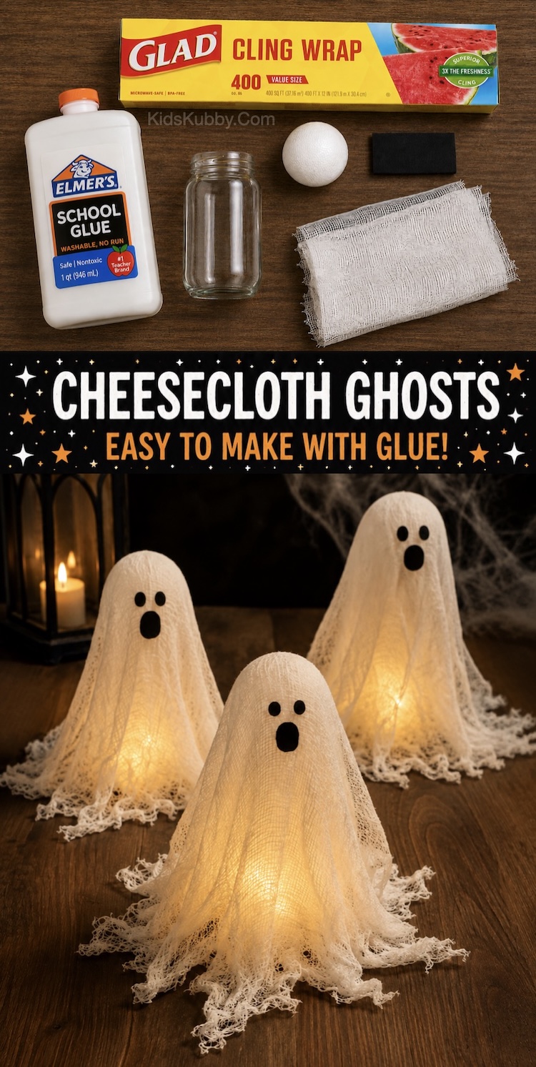 Step by Step DIY Halloween craft tutorial on how to make cheesecloth ghosts with glue. An easy craft project or kids and adults to make easy, cheap DIY home decor for Halloween. Add a tea light to make them into a luminary!