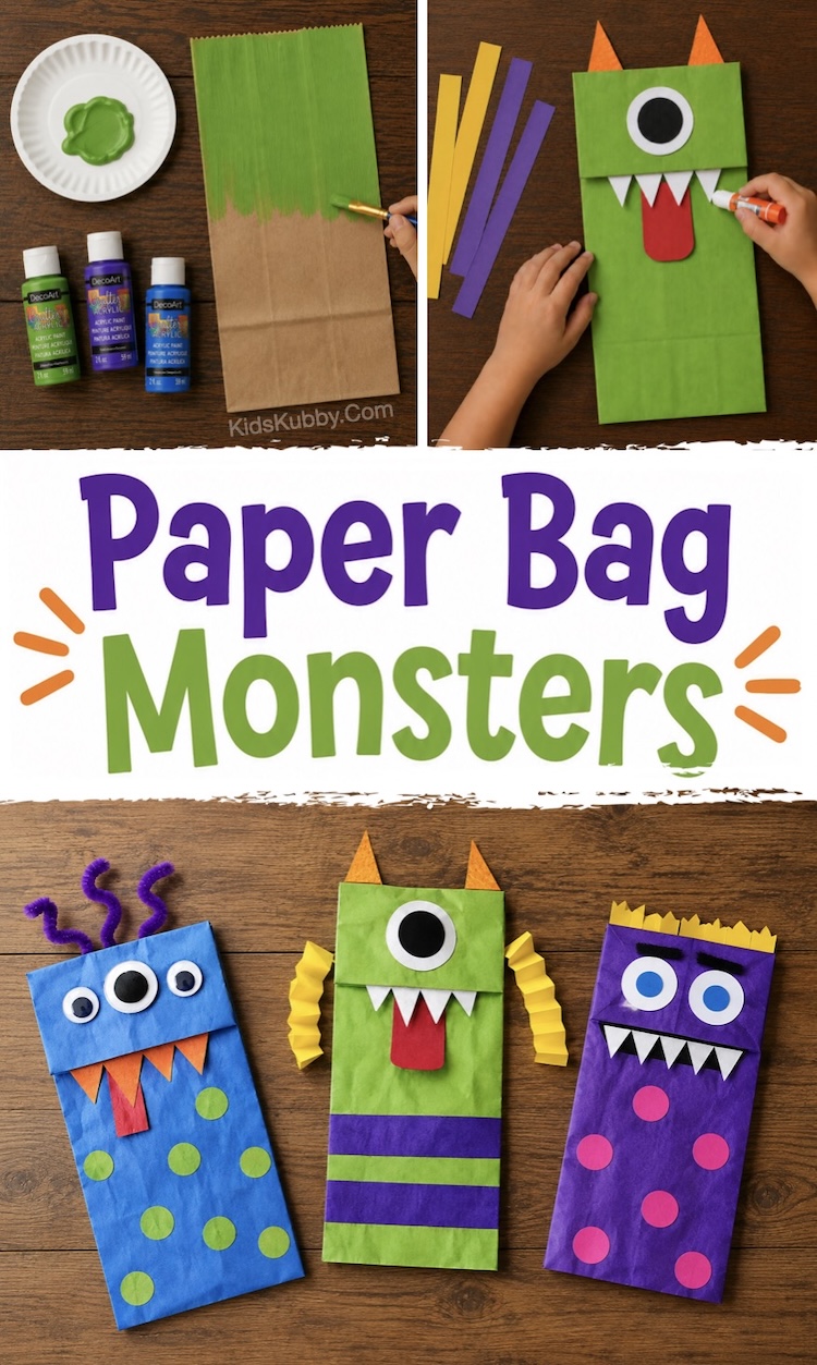 Simple but fun Halloween craft for kids. How to make paper bag monsters with cheap supplies! This step by step tutorial includes lots of decorating ideas.