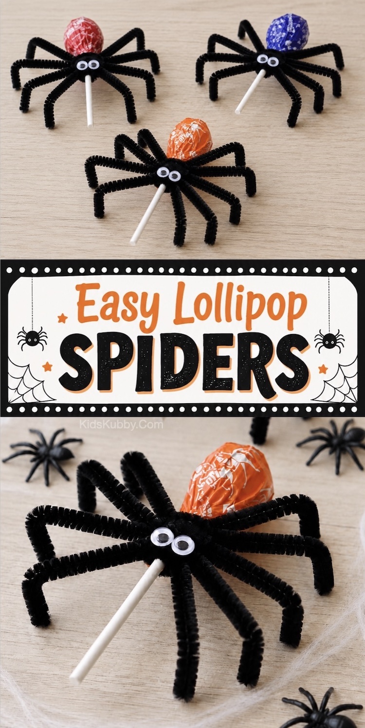 Easy Halloween Craft Tutorial - How to make lollipop spiders with pipe cleaners and googly eyes. A fun party favor, goodie bag treat, and Halloween candy for kids to bring to school for their classroom.
