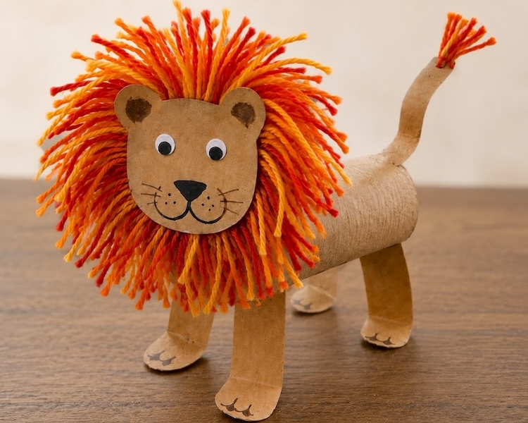 This adorable lion craft for kids is easy to make with cheap recycled toilet paper roll tubes and colorful yarn to make the impressive mane! It's a simple zoo animal craft for preschoolers and older kids. Full step by step tutorial included with lots of photos.