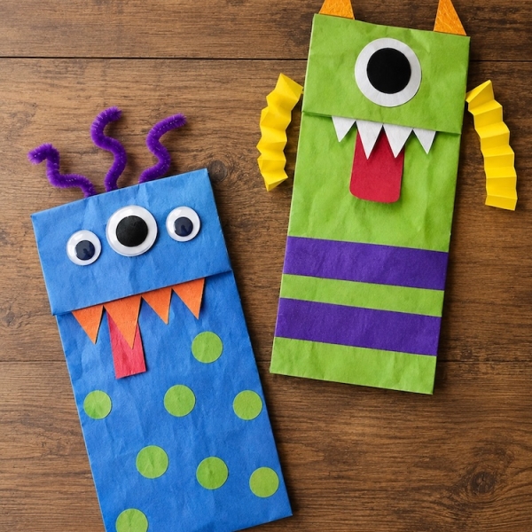 Easy paper bag monster puppets for Halloween! An easy craft for kids to make with brown lunch bags and construction paper.