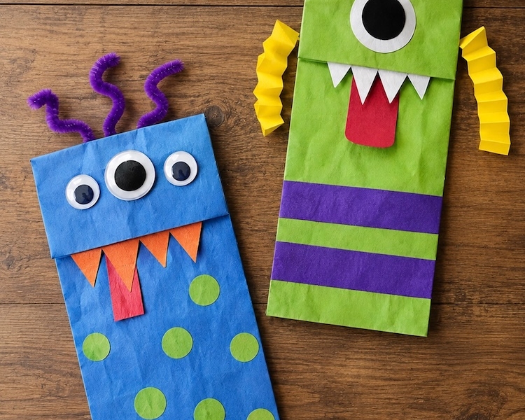 Easy paper bag monster puppets for Halloween! An easy craft for kids to make with brown lunch bags and construction paper.