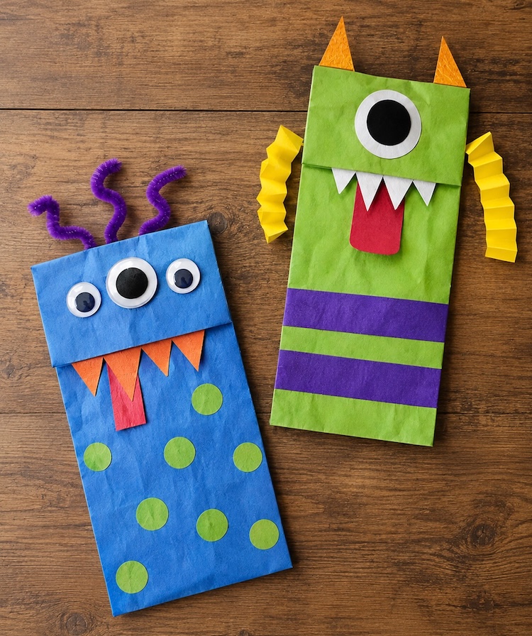 Easy paper bag monster puppets for Halloween! An easy craft for kids to make with brown lunch bags and construction paper.