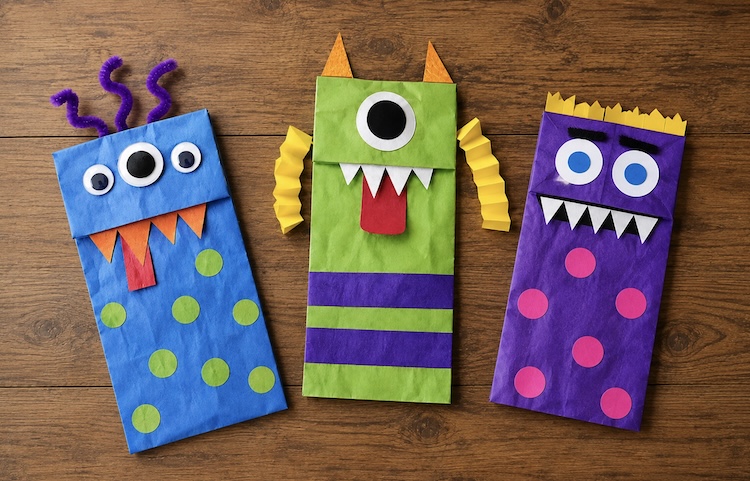 How to make an easy monster craft for Halloween with paper bags, paint, and construction paper.