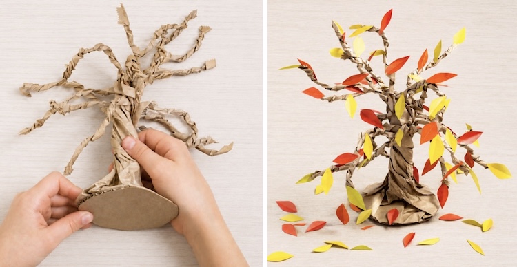 How to make a fun tree craft for kids with a paper bag and paper leaves.