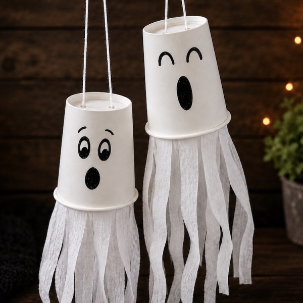 How to make paper cup flying ghosts for halloween with a step by step tutorial and photos. A fun fall craft for kids to make! Easy, cheap, and low mess.