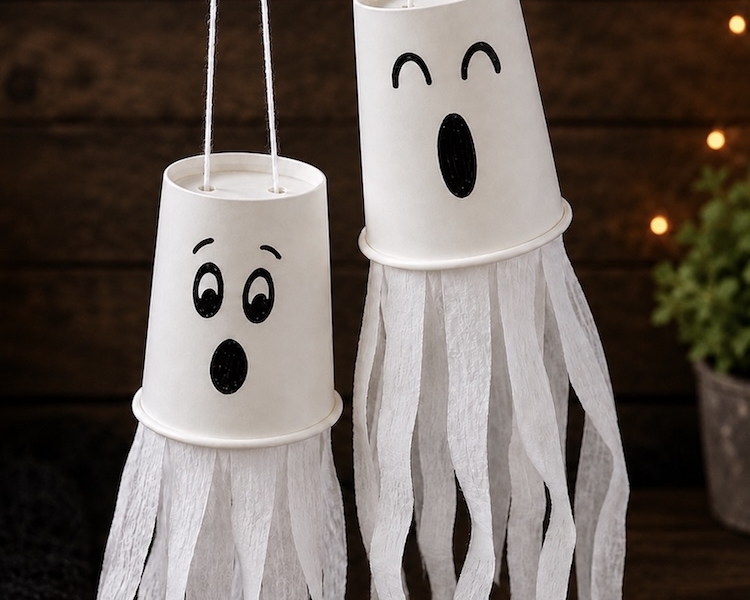 How to make paper cup flying ghosts for halloween with a step by step tutorial and photos. A fun fall craft for kids to make! Easy, cheap, and low mess.