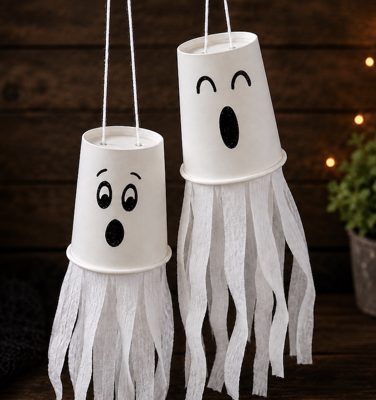 How to make paper cup flying ghosts for halloween with a step by step tutorial and photos. A fun fall craft for kids to make! Easy, cheap, and low mess.