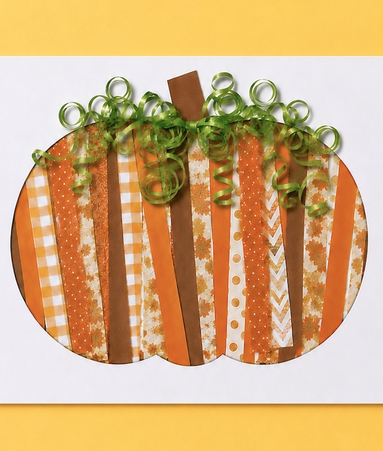 Simple paper strip craft for fall, how to make cute paper pumpkins with construction paper and ribbon. An easy Halloween or Thanksgiving art project for kids of all ages.