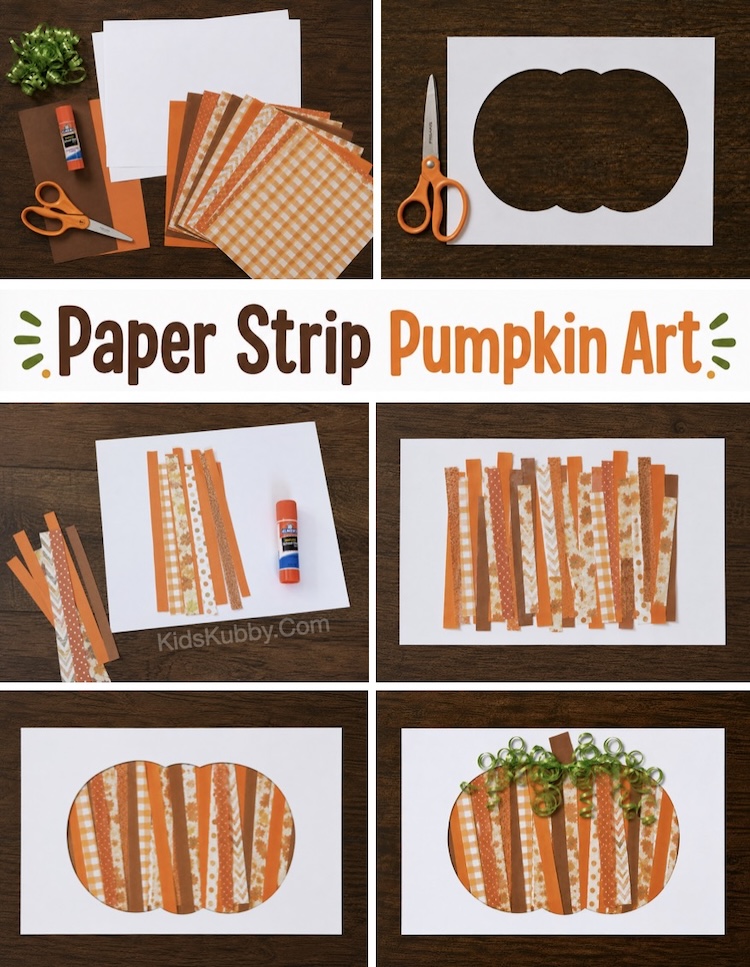 Easy pumpkin craft for kids to make with cheap supplies you probably have at home including a glue stick, scissors, and colorful construction paper. A creative yet simple art project for fall!