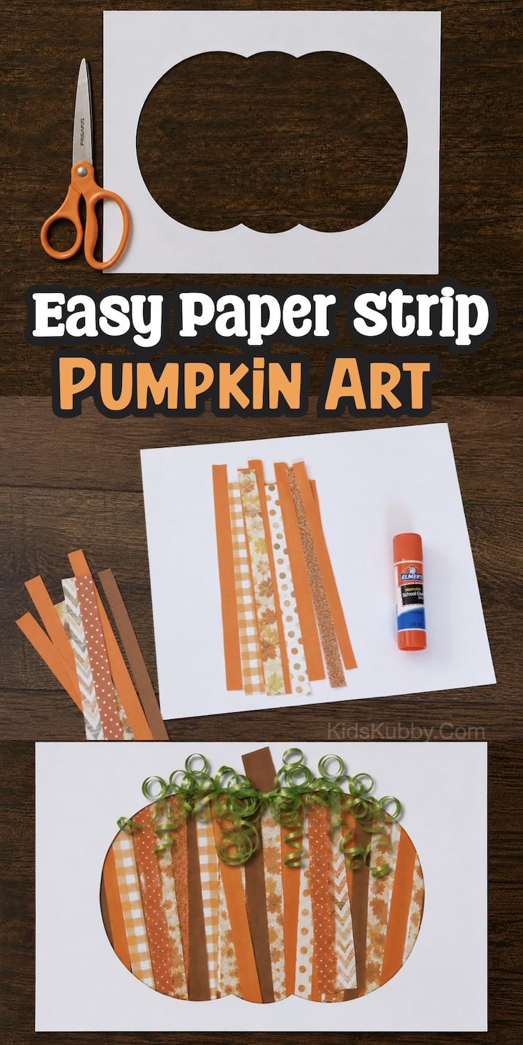How to make cute pumpkin art with colorful fall themed strips of paper, printer paper, and glue. A fun and easy craft for Halloween or Thanksgiving with a free printable pumpkin template.