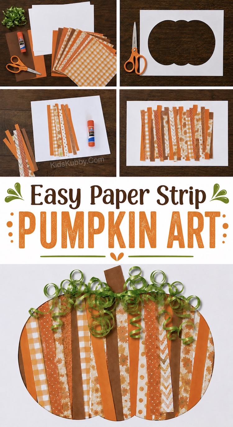 Pumpkin craft idea for kids to make for fall! This simple, cheap, and low mess art project is made with just paper, glue, scissors, and ribbon. Really easy for kids of all ages to make for Halloween or Thanksgiving.