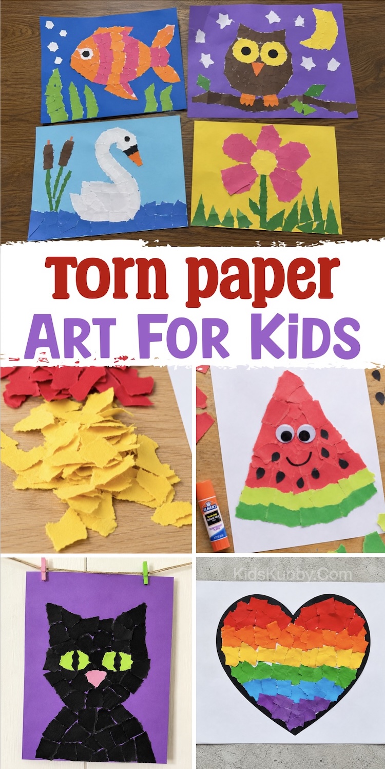 How to make simple torn paper art for kids with lots of pictures and ideas. This cheap and easy craft idea is perfect for kids of all ages including preschoolers, older kids, and even teens to make low mess art at home or in the classroom.