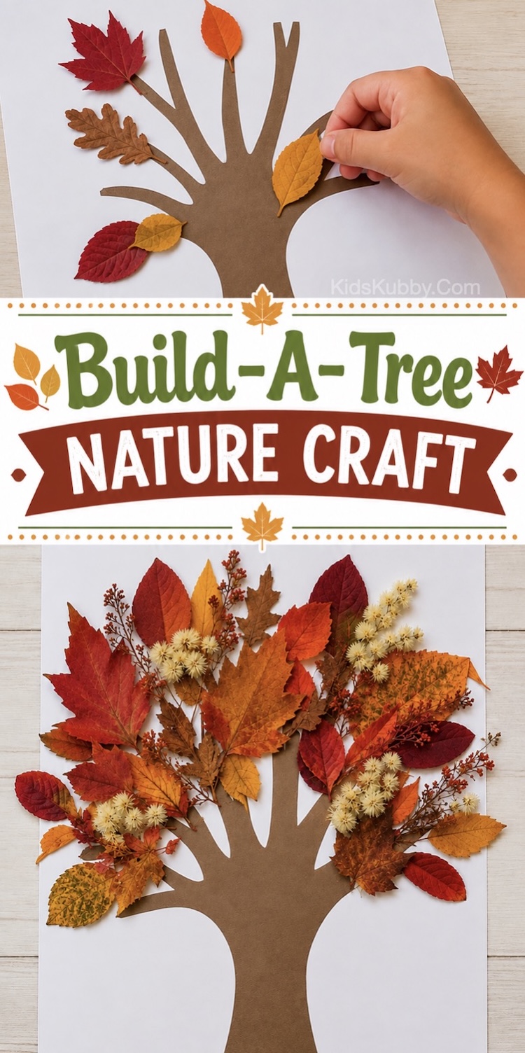 DIY fall craft idea for kids to make using real leaves collected in the backyard or on a nature hunt. This fall project for kids comes with a free printable tree trunk so it's simple and fast to set up.