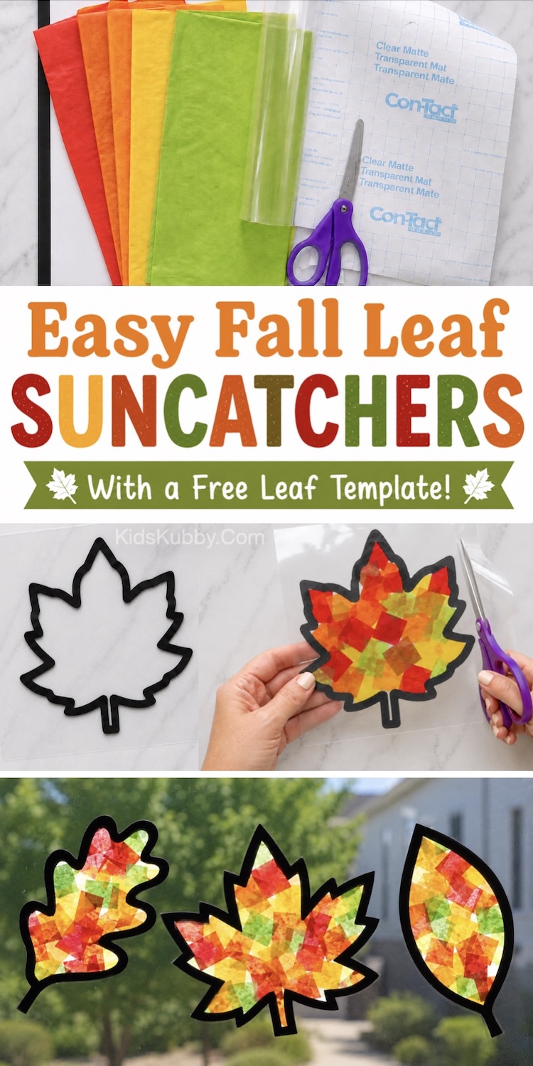 How to make DIY maple leaf suncatchers with a step by step craft tutorial and free printable leaf template. A fun fall craft for kids to make at home.