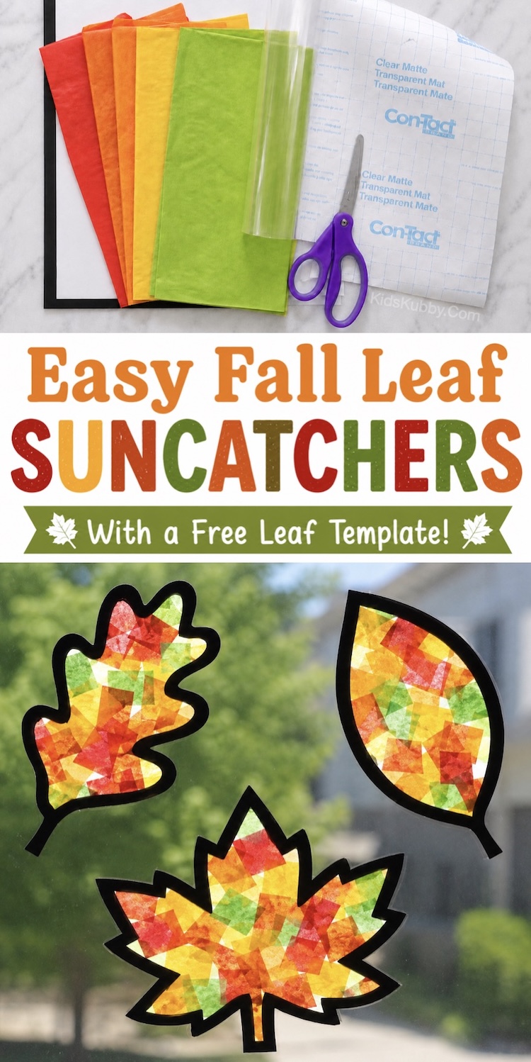 DIY Craft Tutorial | How to make an easy fall leaf Suncatcher craft for kids with tissue paper, contact paper, and black paper. A simple yet impressive project to decorate your windows!