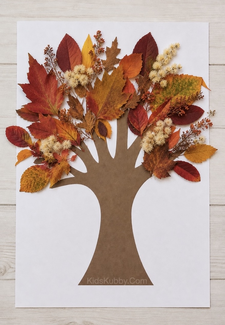 Easy fall tree craft for kids using real leaves and a free tree trunk printable.
