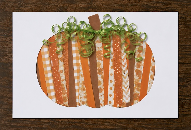 How to make fall pumpkins with strips of colorful paper and a glue stick. A cheap and easy low mess art project for preschoolers and elementary age kids.