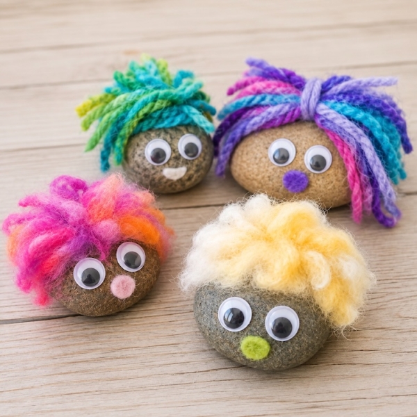 Pet rock ideas for kids with pictures and a fun craft tutorial. These cute fluffy rocks are made with smooth rocks, yarn, felt, and googly eyes. Cheap and easy ideas for kids of all ages!