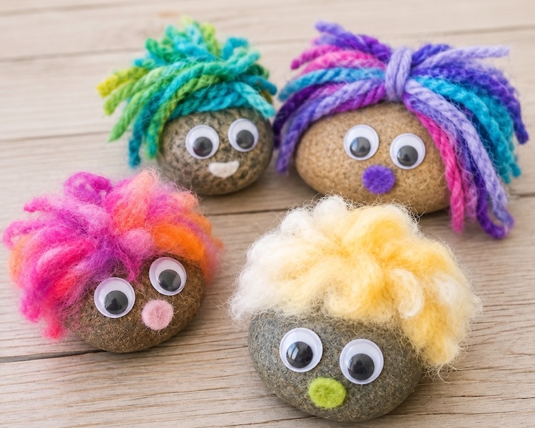 Pet rock ideas for kids with pictures and a fun craft tutorial. These cute fluffy rocks are made with smooth rocks, yarn, felt, and googly eyes. Cheap and easy ideas for kids of all ages!