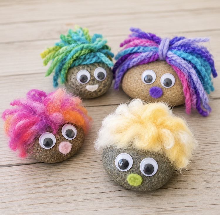 Pet rock ideas for kids with pictures and a fun craft tutorial. These cute fluffy rocks are made with smooth rocks, yarn, felt, and googly eyes.