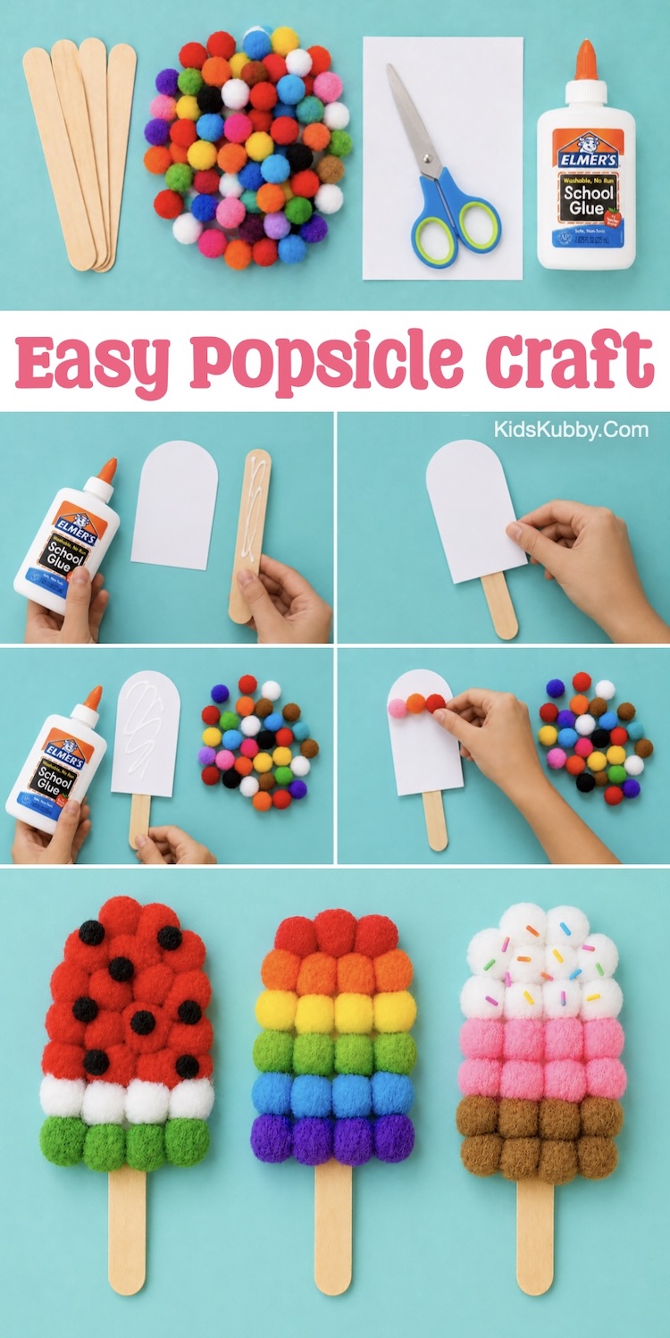 How to make a fun summer popsicle craft with popsicle sticks and fuzzy pompoms. This easy kids craft is low mess, cheap to make, and great for kids of all ages including preschoolers and older kids.