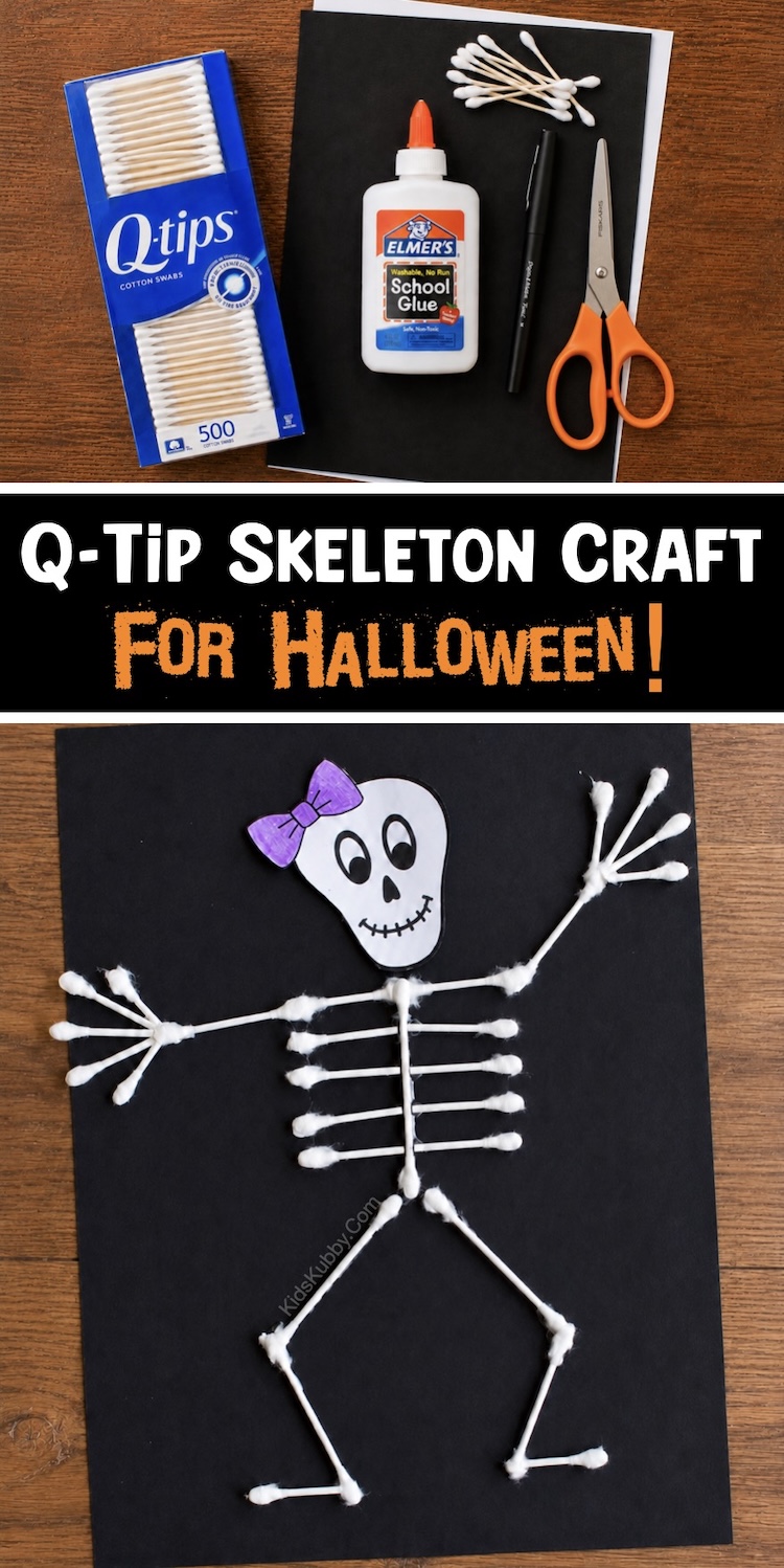 DIY Halloween crafts for kids that are easy to do at home! These adorable yet spooky little q-tip skeletons are so simple to make for kids of all ages, low mess, cheap, and a fun art project your kids will be proud to display.