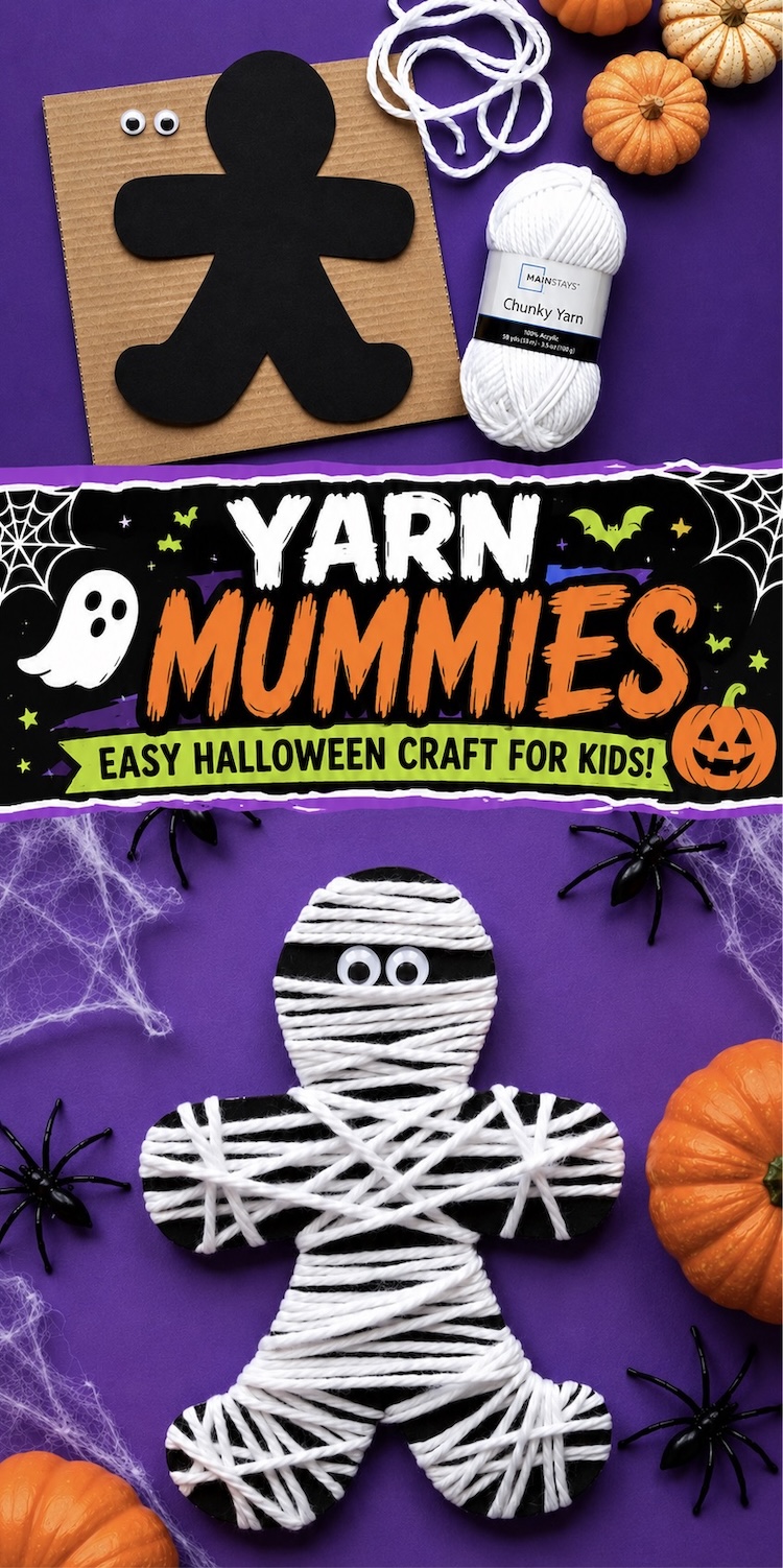 Step by Step instructions on how to make an easy yarn mummy craft. This simple and cheap Halloween project is perfect for kids including toddlers, preschoolers, and older kids. Spooky yet cute! You'd never guess they were made with just cardboard and yarn.