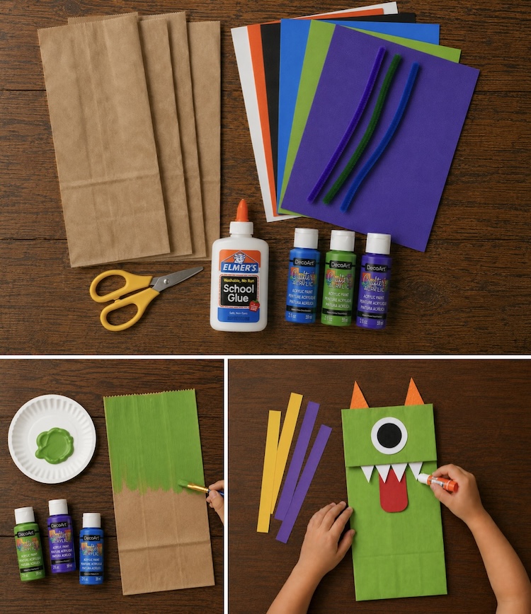 Paper bag monsters craft step by step tutorial with supply list.